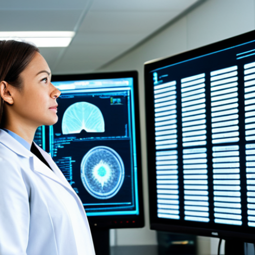 Home 14 A professional female doctor in a crisp, white lab coat and modest professional attire, standing confidently in a futuristic medical research laboratory. She is looking at a holographic display showing complex genomic data and personalized treatment algorithms, with a gentle, focused expression. The lab is clean, bright, and equipped with advanced diagnostic machinery. Soft, diffused lighting illuminates the scene. The image emphasizes precision, innovation, and patient-centric care. Perfect anatomy, correct proportions, natural pose, well-formed hands, proper finger count, natural body proportions, safe for work, appropriate content, fully clothed, professional, family-friendly.