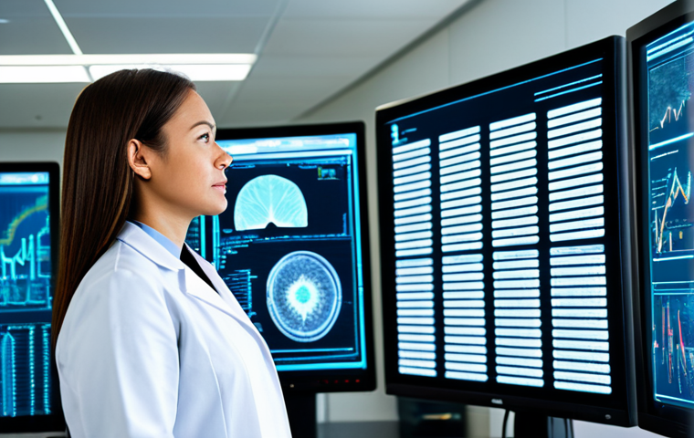 A professional female doctor in a crisp, white lab coat and modest professional attire, standing confidently in a futuristic medical research laboratory. She is looking at a holographic display showing complex genomic data and personalized treatment algorithms, with a gentle, focused expression. The lab is clean, bright, and equipped with advanced diagnostic machinery. Soft, diffused lighting illuminates the scene. The image emphasizes precision, innovation, and patient-centric care. Perfect anatomy, correct proportions, natural pose, well-formed hands, proper finger count, natural body proportions, safe for work, appropriate content, fully clothed, professional, family-friendly.