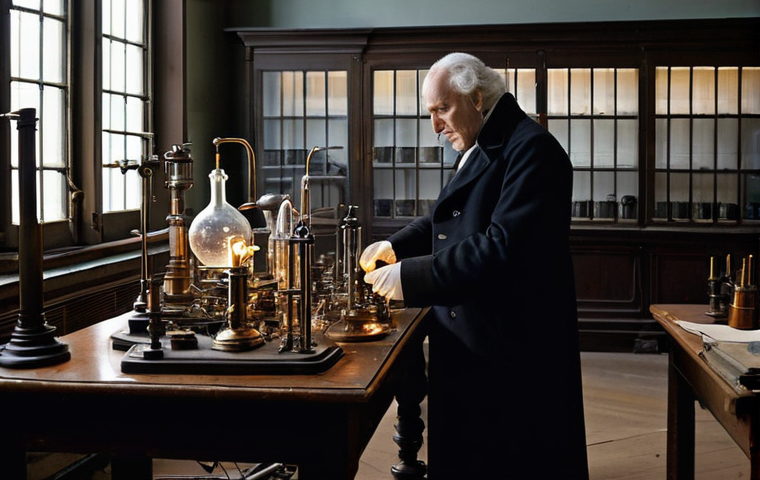 과학적 발견의 역사적 사건 목록 - Prompt 1: Electrifying Discovery in a 19th-Century Lab**