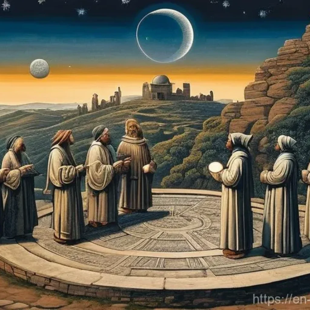 과학적 발견의 각 시대별 특징 - **Ancient Celestial Observers:**
    "An ancient observatory at twilight. A diverse group of ancient...