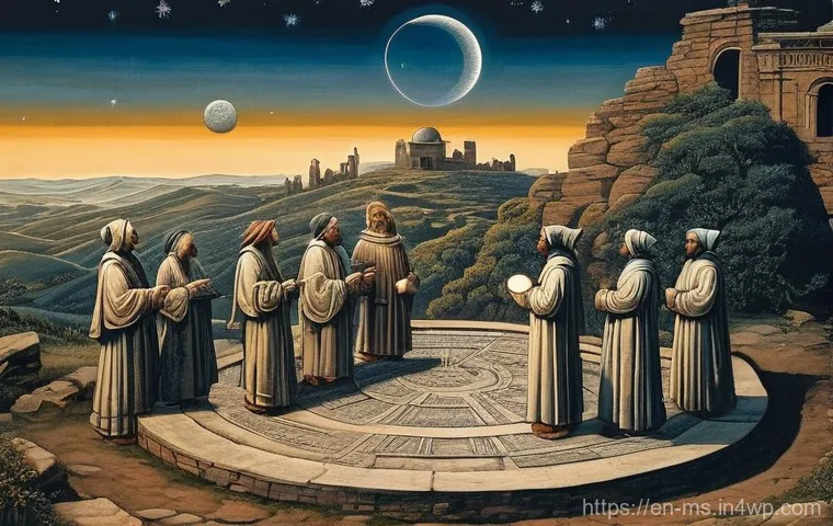 과학적 발견의 각 시대별 특징 - **Ancient Celestial Observers:**
"An ancient observatory at twilight. A diverse group of ancient...