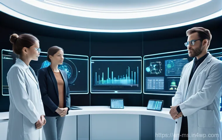 과학적 발견과 인류의 도전 과제 - **AI Collaboration in a Futuristic Lab:**
Generate an image of a diverse group of four scientist...