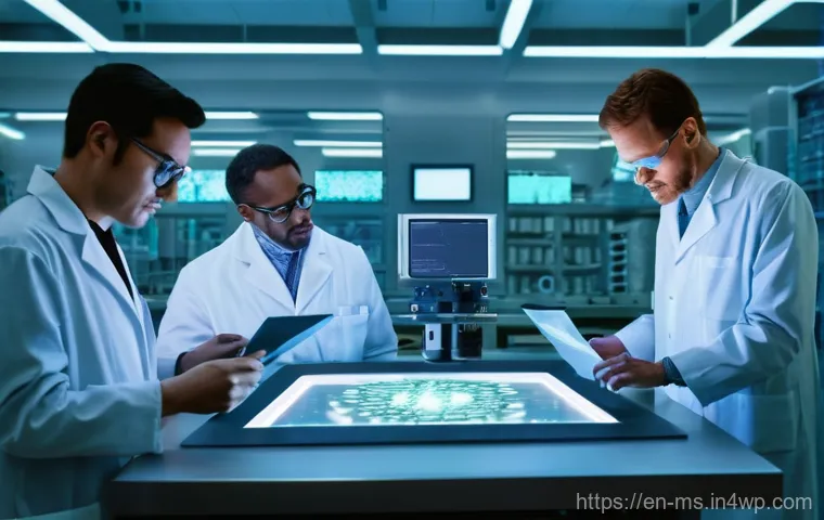 과학적 발견의 불확실성 해소 방법 - **Peer Review - Forging Knowledge:**
"A photorealistic image depicting a diverse group of 4-5 sc...