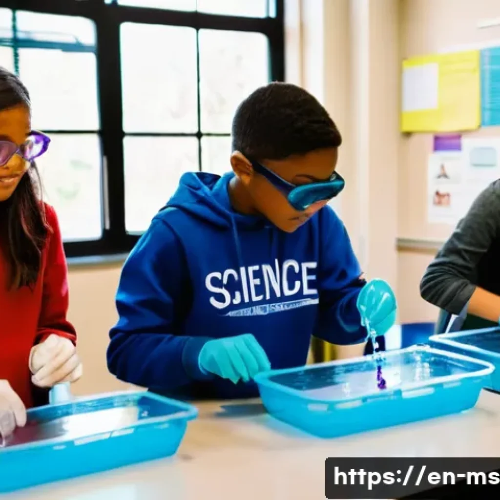 과학적 발견을 위한 교육 프로그램 - A bright, modern classroom scene showing diverse middle school students actively engaged in a hands-...