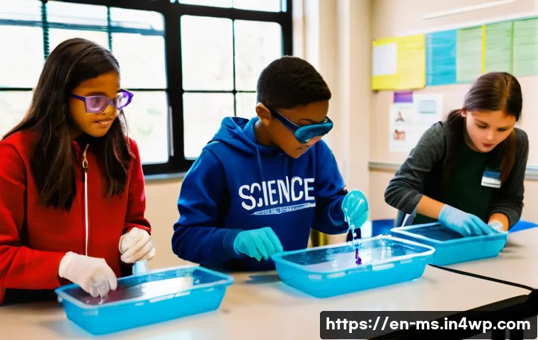 과학적 발견을 위한 교육 프로그램 - A bright, modern classroom scene showing diverse middle school students actively engaged in a hands-...