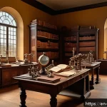 르네상스 시대의 주요 과학적 발견 - A detailed Renaissance-era scientific laboratory scene featuring scholars in period clothing wearing...