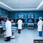 과학적 발견의 대중화 과정 - A high-tech hospital diagnostic room featuring a diverse team of doctors and AI-powered machines ana...