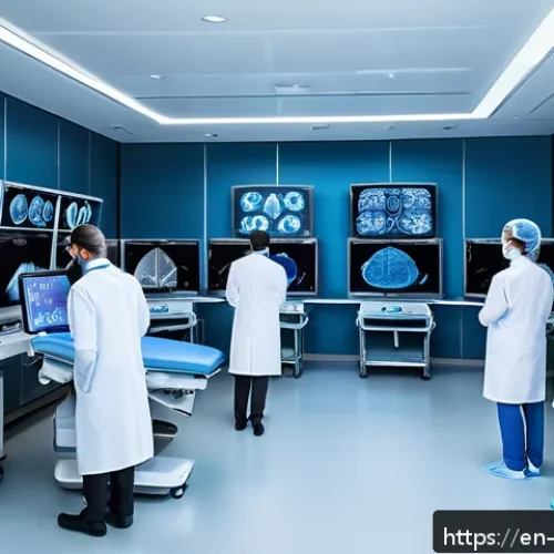 과학적 발견의 대중화 과정 - A high-tech hospital diagnostic room featuring a diverse team of doctors and AI-powered machines ana...