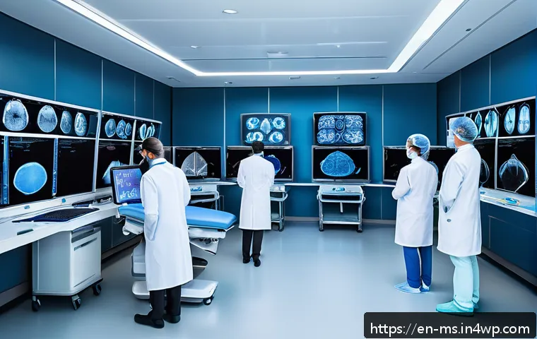 과학적 발견의 대중화 과정 - A high-tech hospital diagnostic room featuring a diverse team of doctors and AI-powered machines ana...