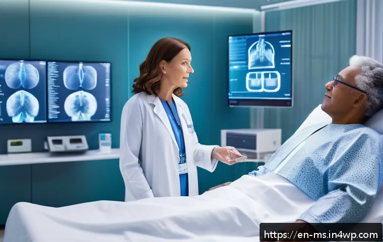 과학적 발견의 글로벌 영향력 - A futuristic hospital room showcasing precision medicine in action: a diverse middle-aged cancer pat...
